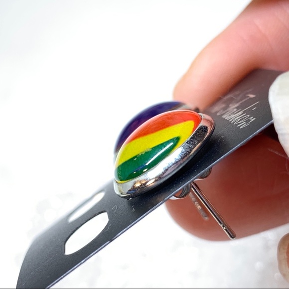 LGBT Rainbow Glass Cabochon Stud Earrings - Picture 7 of 8